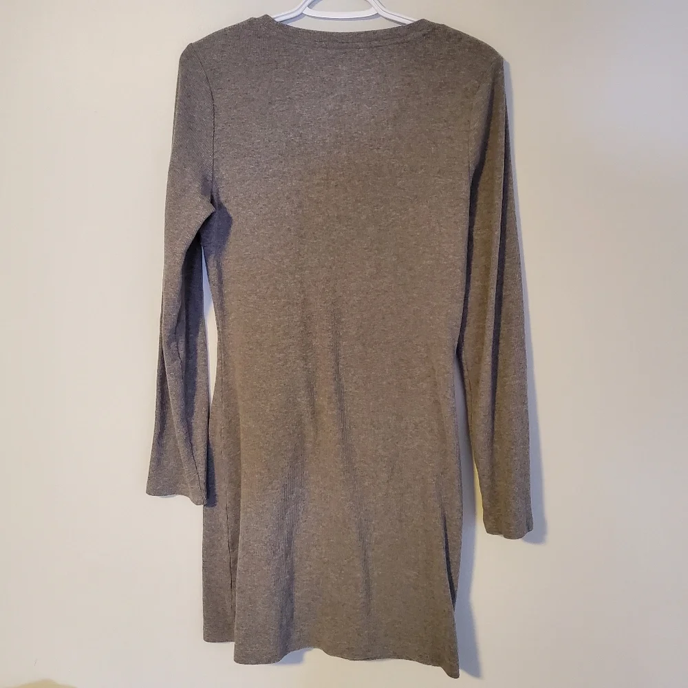 Aerie | Grey Ribbed Long Sleeve Twist Front Dress - Picture 3 of 5